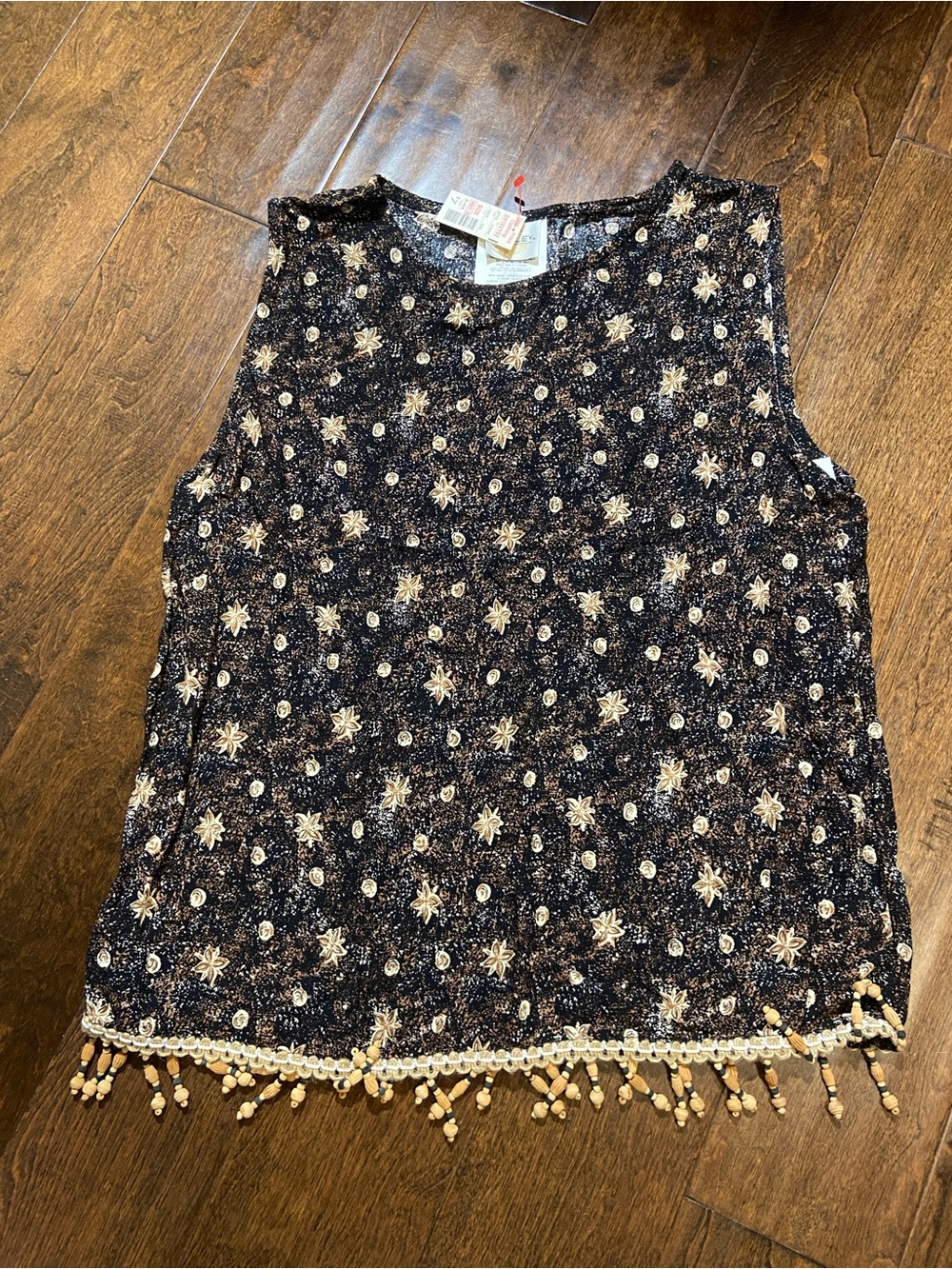 Vintage TR Bentley Fringe beads / floral stars prints sleeveless SZ L